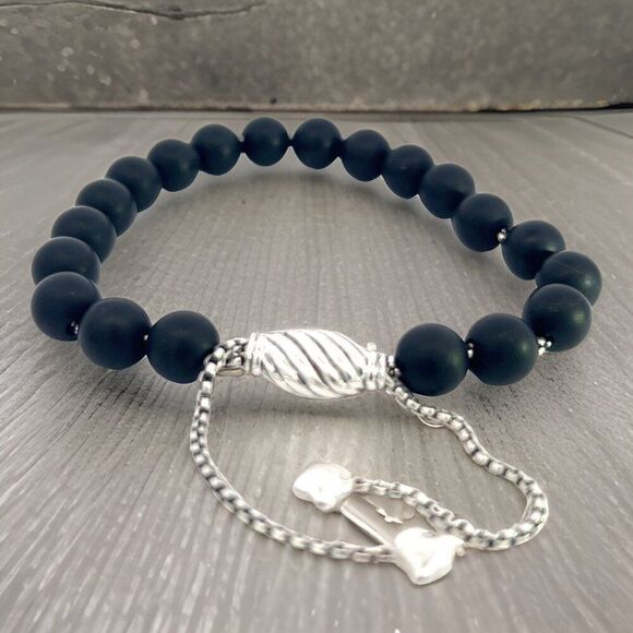 David Yurman Estate Matte Onyx Beads Bracelet 6.6 - 8.5" Silver 8 mm DY546 - Picture 1 of 11